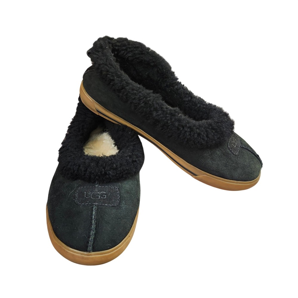 UGG Australia Black Suede Sheepskin Fur Trim Slippers Gum Sole Womens 8 Cozy